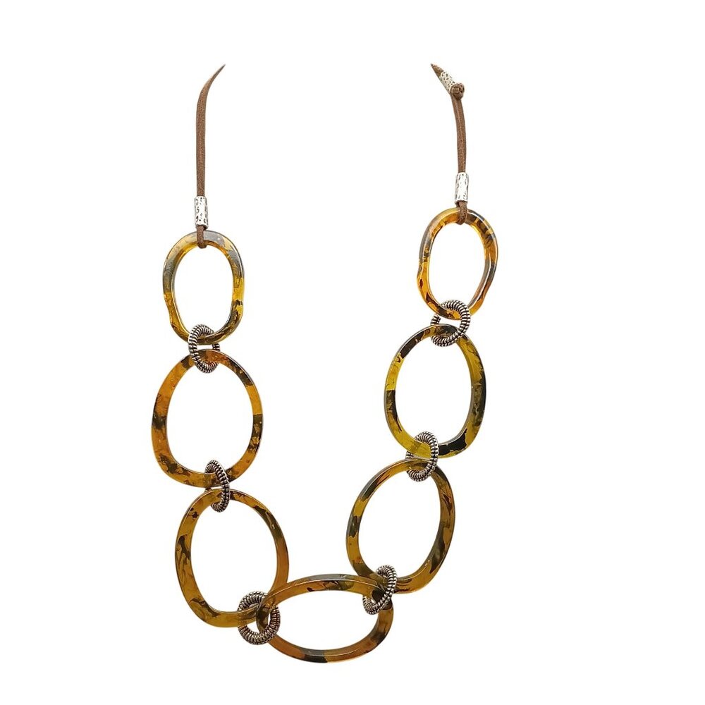 Vintage Tortoiseshell Resin & Brown Cord Necklace With Silver-Tone Accents